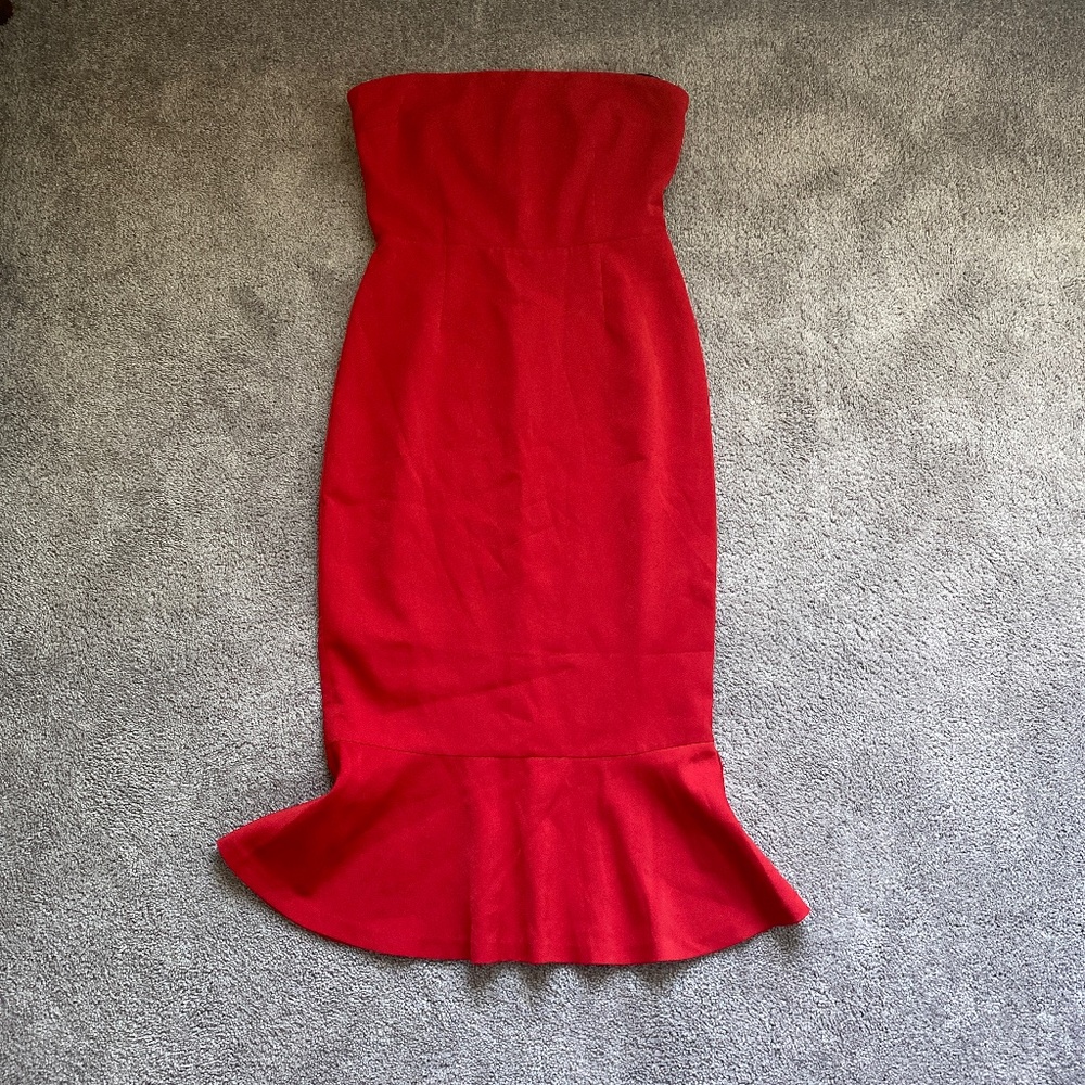 Red strapless mermaid midi dress
